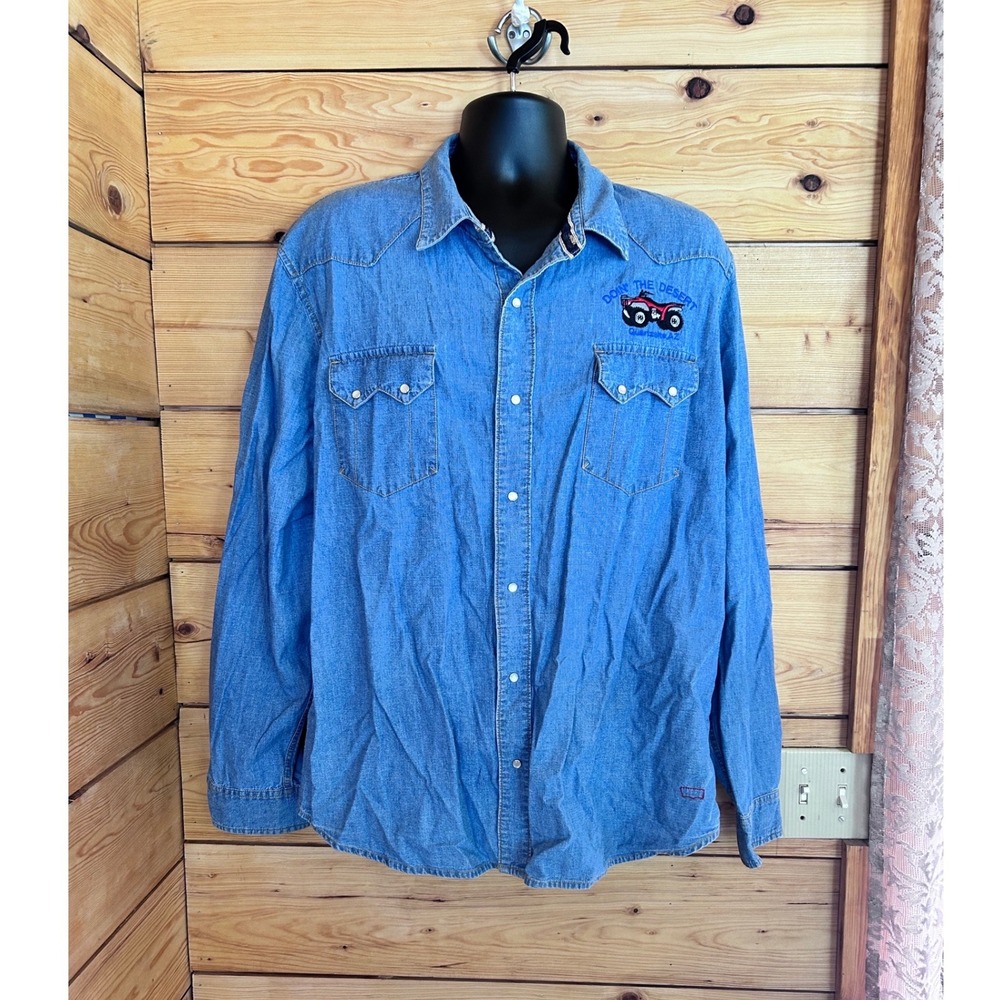 Vintage Western Pearl Snap Shirt Mens XXL Blue ATV Doin The Desert Rodeo Cowboy